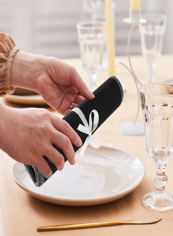 AojSup 8 Pcs Silver Storage Bags Anti Tarnish Silver Protector Bags Black Holder for Silverware Flatware Storage Organizer Cloth Place Setting Roll with White Ribbon for Teaspoon Utensils - Image 5